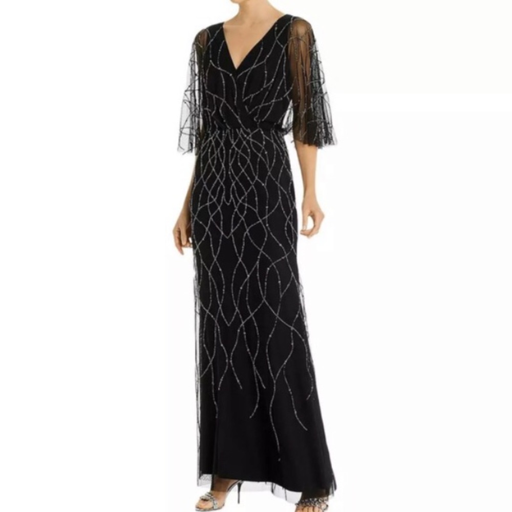 Adrianna Papell Flutter Sleeve Beaded Mermaid Gown, Black size 12 NWT